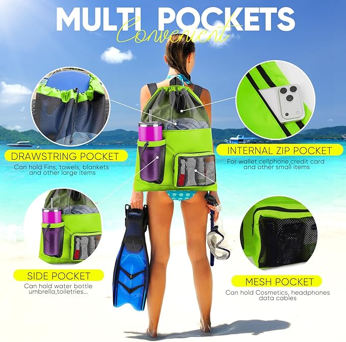 HOHOM Swim Mesh Beach Bag, Waterproof Gym Bags for Women and Men, Large Pool Bag Swimming Gear Drawstring Backpack