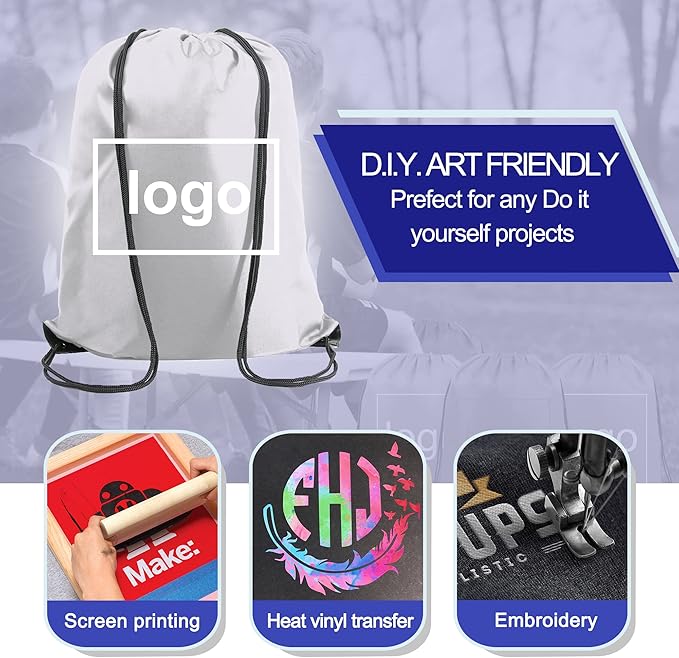 BeeGreen White Drawstring Backpack Bags Bulk 10 Pack X-Large 22.4" L x 17.5" W Sports Cinch Sackpack Gym String Bags Machine Washable Heavy Duty for Men Women