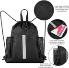 BeeGreen Drawstring Backpack Bag Sports Gym Backpack with Shoe Compartment and Two Water Bottle Holder for Men Women Large String Backpack Athletic Sackpack Workbag Black