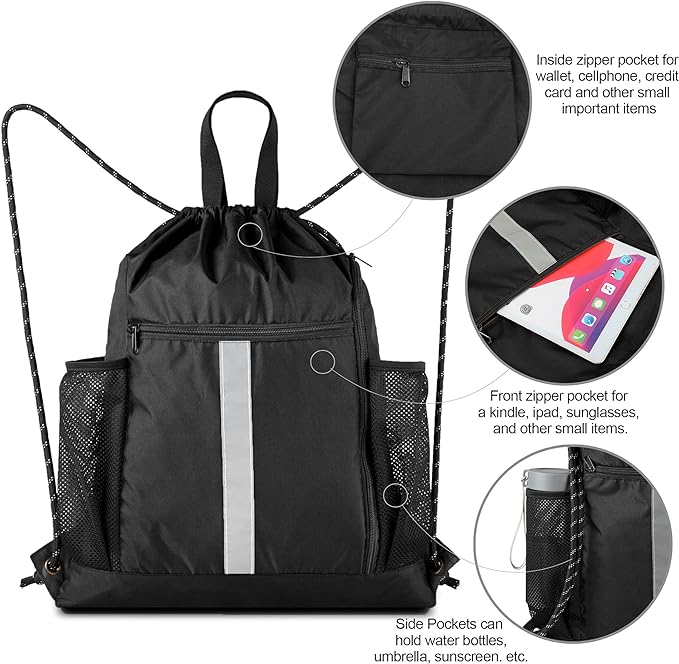 BeeGreen Drawstring Backpack Bag Sports Gym Backpack with Shoe Compartment and Two Water Bottle Holder for Men Women Large String Backpack Athletic Sackpack Workbag Black