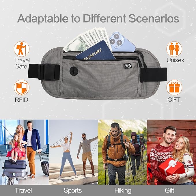 TRAVELSAFE Slim RFID Blocking Money Belt for Travel - Anti-Theft Hidden Passport Holder Waist Wallet with Secure Pouch for Cash, Credit Cards & Phone Safe (B-Grey)