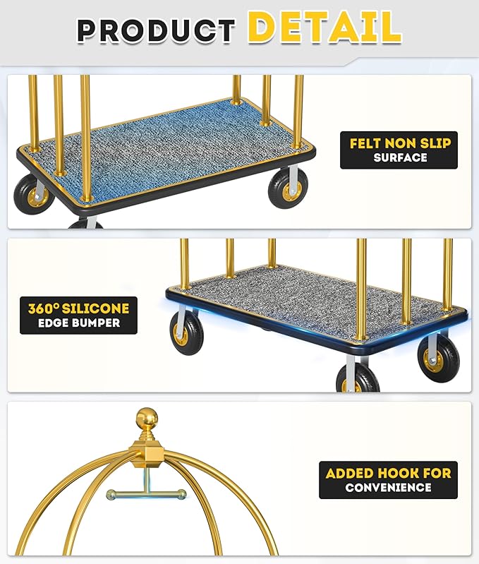 Hotel Luggage Cart, Brushed Stainless Steel Finish Bellman's Cart, Valet Cart with Grey Carpeted Deck and 8‘’ Rubber Wheels, Ideal for Hotels, Condos, Resorts, 1300Lbs Load (Gold, 42''L x 74''H)