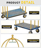 Hotel Luggage Cart, Brushed Stainless Steel Finish Bellman's Cart, Valet Cart with Grey Carpeted Deck and 8‘’ Rubber Wheels, Ideal for Hotels, Condos, Resorts, 1300Lbs Load (Gold, 42''L x 74''H)