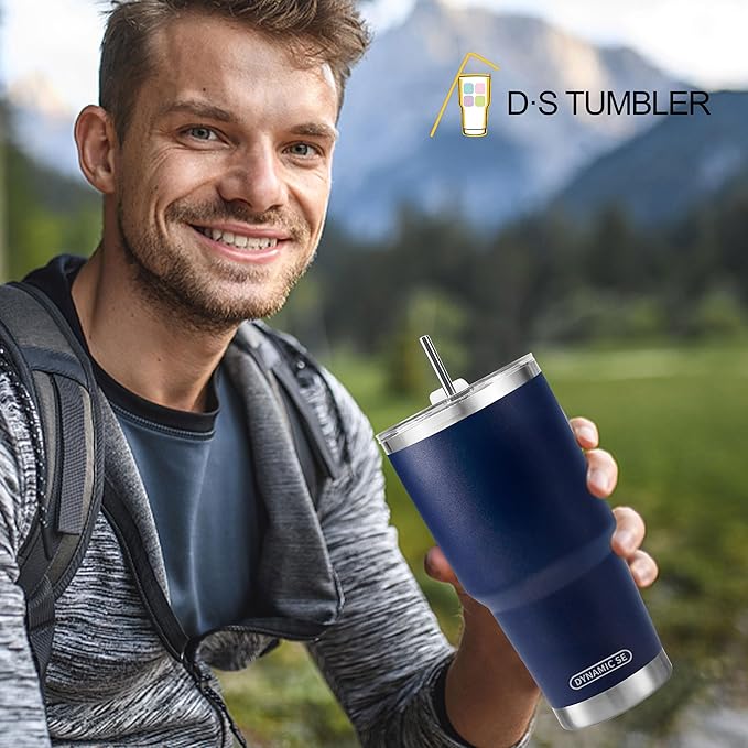 D·S 30 oz Navy Tumbler Stainless Steel Double Wall Vacuum Insulated Mug with Straw and Lid, Cleaning Brush for Cold and Hot Beverages