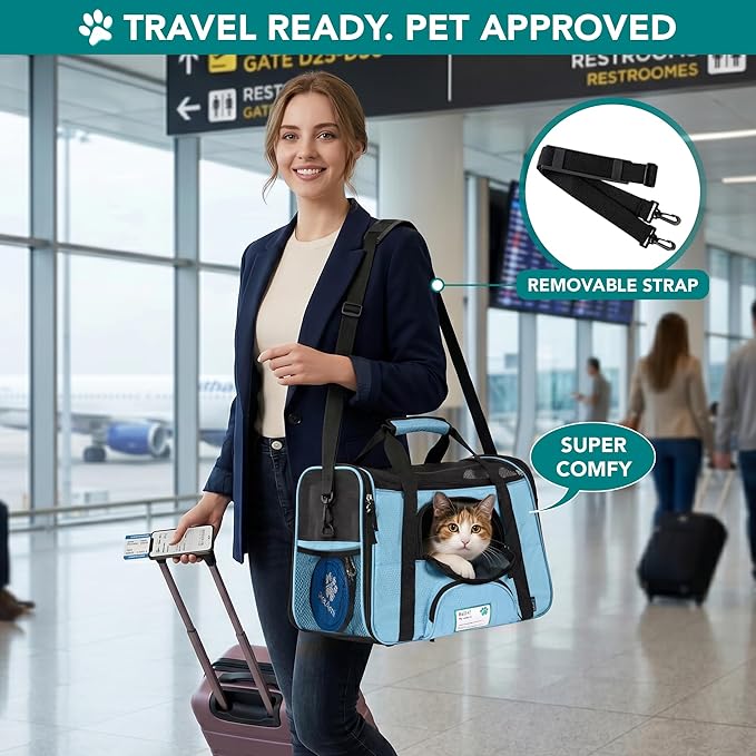 PetAmi Airline Approved Pet Carrier for Cats & Small Dogs, Soft Sided TSA Travel Carrier Bag with Sherpa Bed, Breathable Mesh Ventilation, Collapsible Bowl, Fits Under Seat, Up to 18 lbs, Large Blue