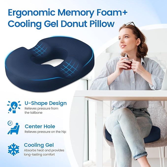 Donut Pillow Seat Cushion - Cooling Gel Donut Chair Cushions, Memory Foam Seat Cushion for Office & Home, Car Seat Cushion and Butt Pillow, Hemorrhoids Pillow and Tailbone Pain Relief, Blue
