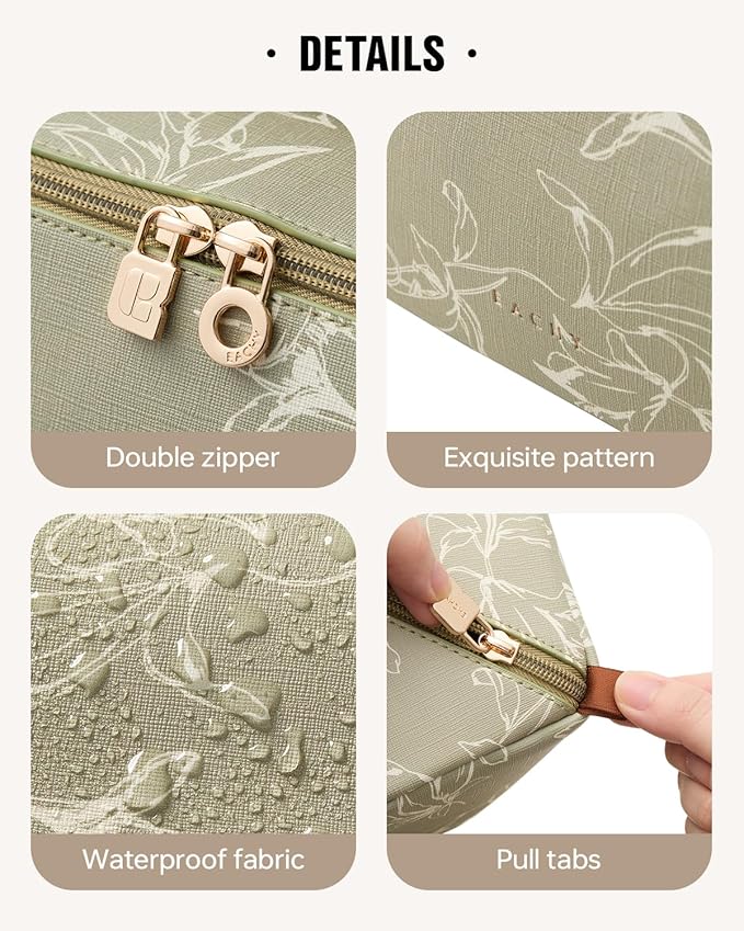 EACHY Travel Makeup Bag, Large Capacity Cosmetic Bags for Women, Waterproof Portable Pouch Open Flat Toiletry Bag Pattern Make up Bag (F-Green)