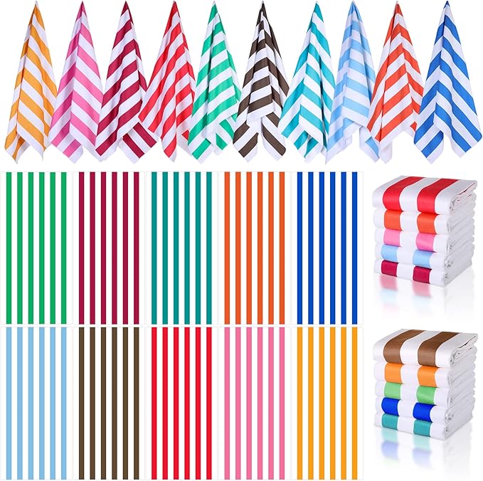 EBOOT 10 Pack Oversized Beach Towel Set Extra Large Pool Towels Microfiber Quick Dry Swim Blanket for Adult Women Men Face Hand Body Bath Travel Pool(Bright Color,28 x 59 Inch,Cabana Stripe)