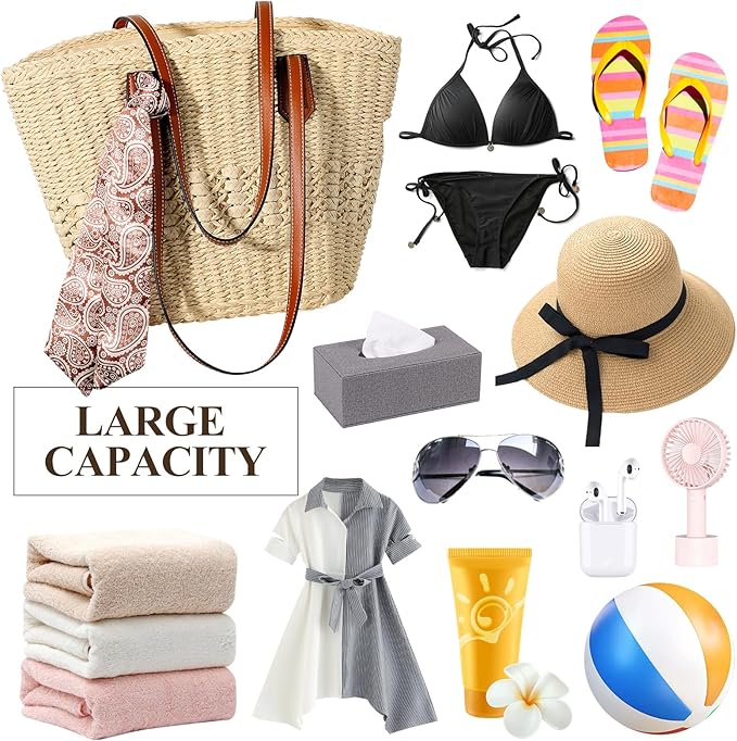 Trifabricy Beach Bags for Women, Summer Straw Bag, Woven Straw Beach Tote Bag Shoulder Handbags