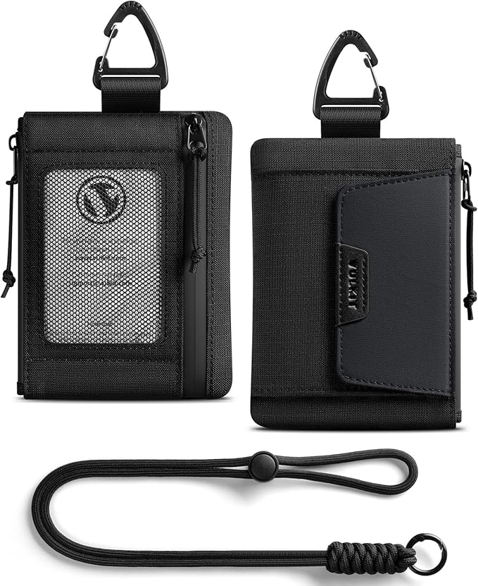 VULKIT RFID Blocking Lanyard Wallet for Men and Women, Nylon Neck Wallet with ID Window, Zipper Pouch and Keychain, Magnetic Pocket for Hiking, Fishing and Outdoor Activities, Carbon Black
