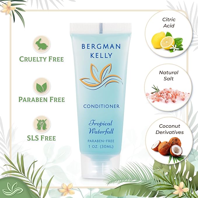 BERGMAN KELLY - Hotel Toiletries Bundle - Tropical Waterfall, 1 oz ea, 125 Pieces - 5-Piece Set: 25 ea Rectangular Bar Soap, Shampoo, Conditioner, Body Lotion & Body Wash - Bulk Mini Guest Amenities
