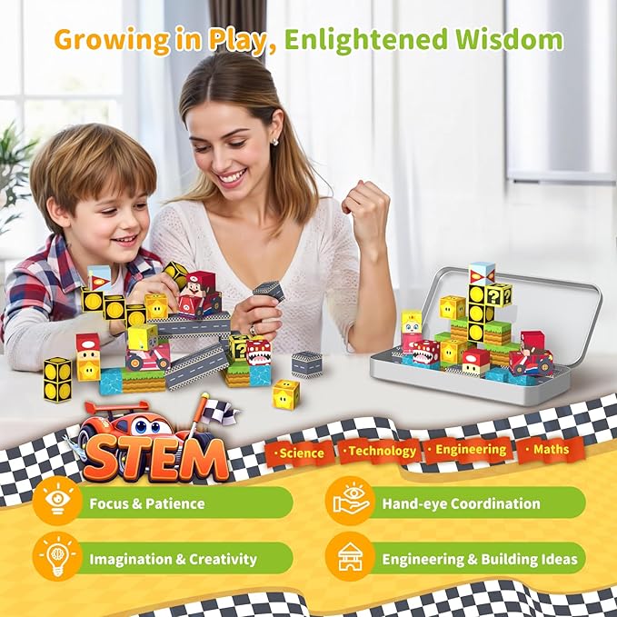 35 PCS Mini Magnetic Tiles Travel Set with Portable Iron Storage Box, STEM Educational Magnetic Building Blocks for Kids Ages 3-8, Montessori Sensory Toys Gifts for Toddler, Boys & Girls