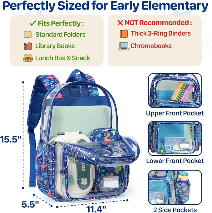 Bagseri Clear Backpack for Boys - 15 Inch Heavy Duty Kids Clear Bookbag for Kindergarten to Grade 2, Transparent School Bag with Reflective Strip, Fits Folders, Blue Dinosaur