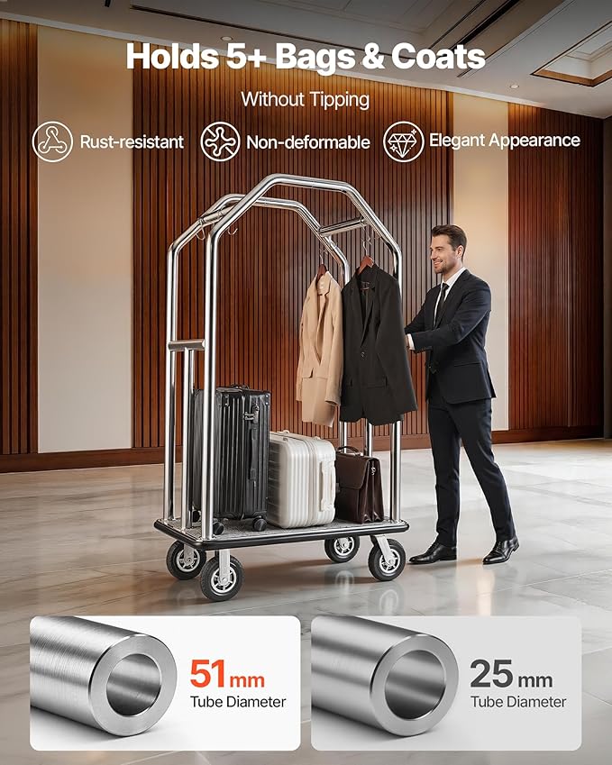 VEVOR Hotel Luggage Cart, 1500 lbs Heavy Duty Bellman Cart with Stainless Steel Frame, 8 in Rubber Wheels, Gray Carpeted Deck, Commercial Luggage Carrier Rolling Trolley for Hotels,Resorts,Silver