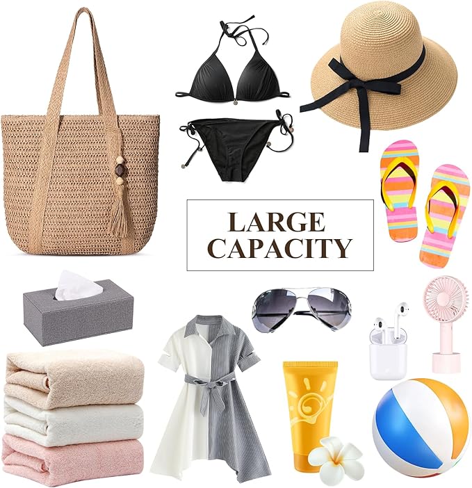 Trifabricy Beach Bags for Women, Large Beach Bag, Woven Straw Tote Bags Waterproof, Weaving Swim Shopping Travel Bag