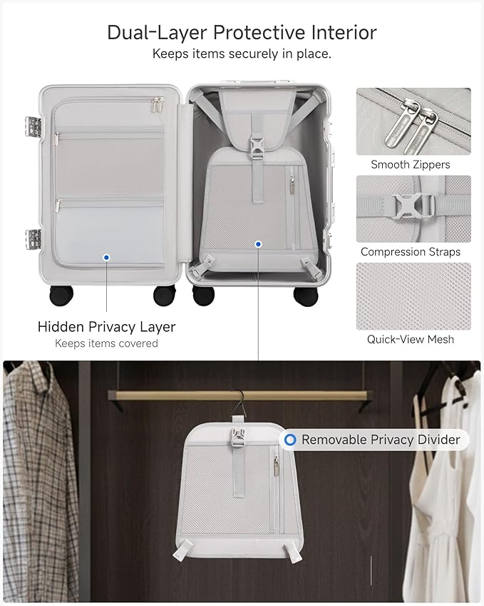 Carry On Luggage with Spinner Wheels, 8010S Aluminum Frame Zipperless Polycarbonate Hard Shell Suitcase (ZX-Core, Silver, 20 Inch)