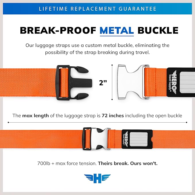 Hero Luggage Straps for Suitcases and Carry-On (2-Pack) Heavy-Duty Secure Belts with 700+ lbs. Max Force Tension (Orange)