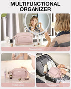 BAGSMART Travel Makeup Bag, Cosmetic Bag Make Up Organizer Case, Dorm Room Essentials Large Wide-open Pouch Women Travel Essentials Double Layers Purse for Toiletries Accessories Brushes Pink