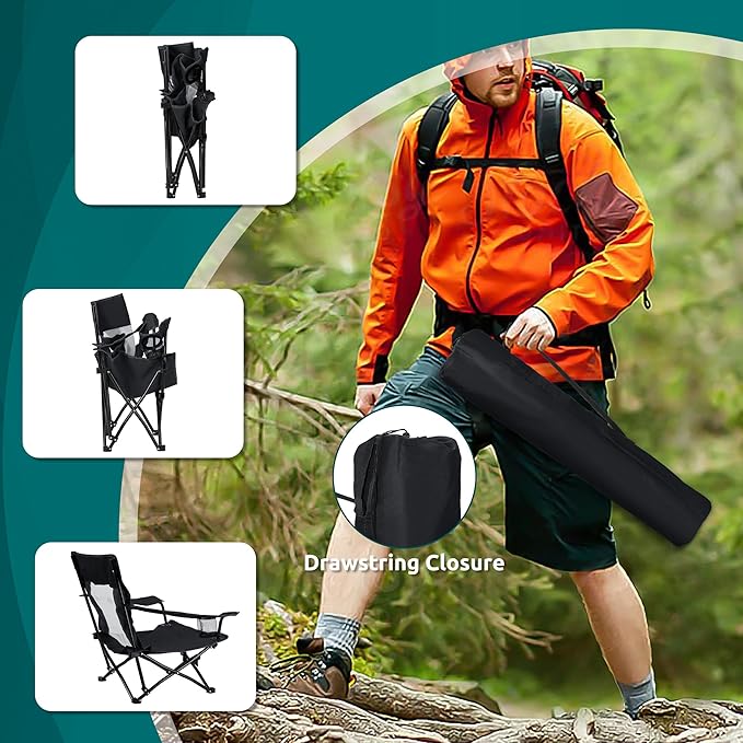 HaSteeL Folding Beach Chair, Foldable Black Camping Chairs for Outside, Low Beach Chair Portable for Adults Fishing, Picnic, Outdoor BBQ, Travel, Sports, Cup Holder & Storage Bag