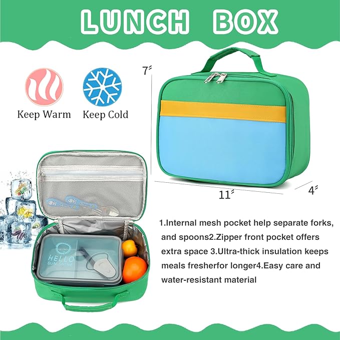 Backpack Set for Girls Boy Kids Backpack with Lunch Box for Elementary Primary Kindergarten School Bag (Green Blue Set, Large)
