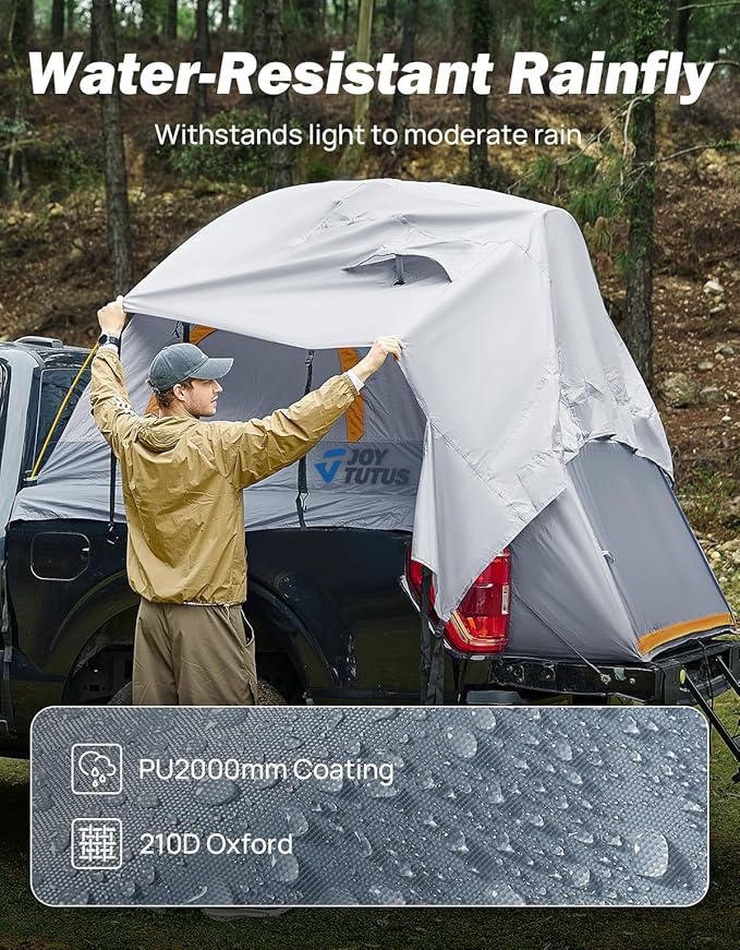 JOYTUTUS Pickup Truck Tent 5ft 2.0, Waterproof PU2000mm Double Layer for 2 Person, Portable Truck Bed Tent with Rainfly - Orange, Aluminum Pole