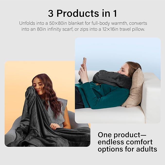 NAPRO 3‑in‑1 Travel Blanket Pillow Scarf – Convertible 50×80″ Blanket, 12×16″ Pillow, 80″ Infinity Neck Pillow – Lightweight, Plush – Black