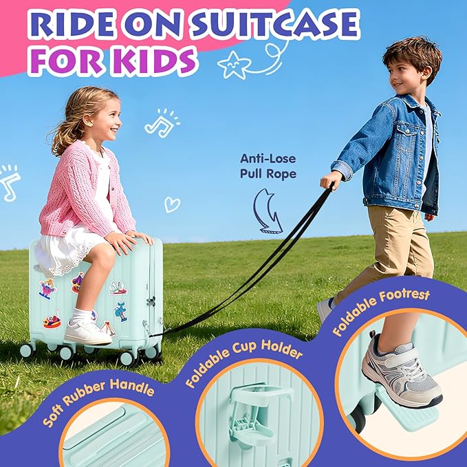 smilesun Kids Ride-On Luggage, 20" Hardshell Carry-On Suitcase with 6 Spinner Wheels, Foldable Pedal, Hidden Cup Holder & Combination Lock for Toddlers & Children (Green, 20-inch)
