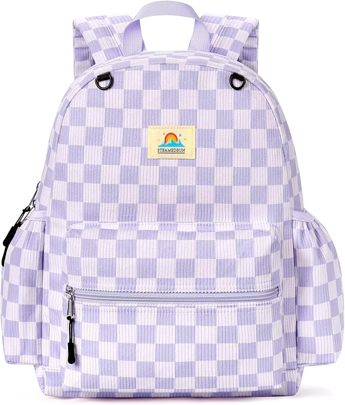 STEAMEDBUN Corduroy Kids Backpack for Girls and Boys 5-8: Girls Backpack for Elementary Kindergarten - 15 inch Cute Backpacks for Kids - Checkerboard