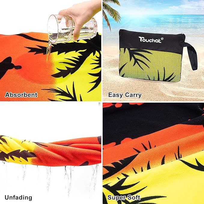 Touchat Beach Towel Oversized,Super Absorbent Sand Free Thick Microfiber Beach Towel (Coconut and Orange, 30”x60“)