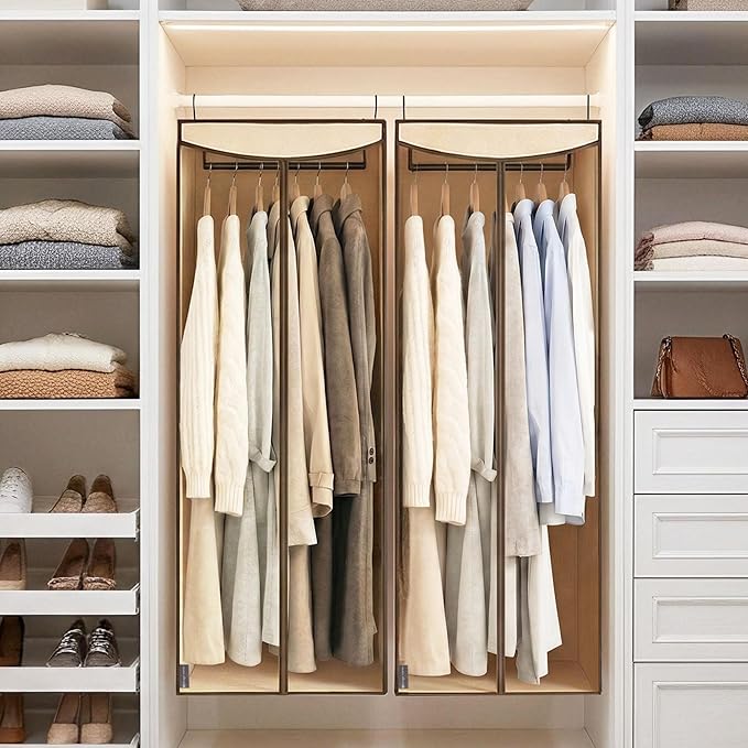 STORAGE MANIAC 57" Long Garment Bags for Hanging Clothes Garment Cover for Closet Storage, Large Hanging Garment Bag for Dresses, Suits, Coats, Zipper Cover with Sealed Clear Window, Beige 2 Pack