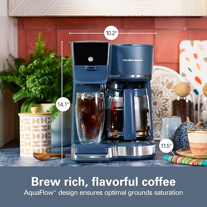 Hamilton Beach 2-Way 12 Cup Programmable Drip Hot and Iced Coffee Maker & Single Serve Coffee Machine, AquaFlow Showerhead, Glass Carafe, Auto Pause and Pour, Kitchen Makeover Blue (47502J)