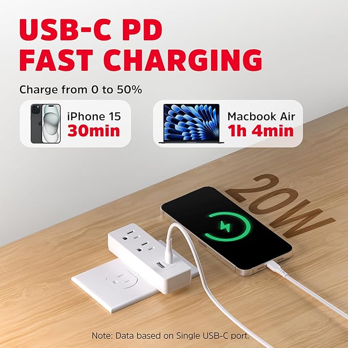 Energizer 4 Device Fast Charging Multi Plug Wall Outlet Extender (2) AC Power Outlets (1) 20W PD Type C Port (1) 18W USB A Port Power Strip Expander Outlet Splitter Plug in Adapter