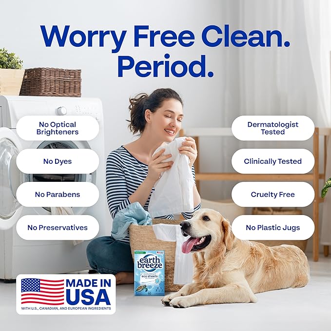 Earth Breeze Laundry Detergent Sheets Fresh Scent - 60 Loads Eco Liquidless Soap - Travel-Friendly for Hot & Cold Cycles, Tackles Tough Stains & Odors - Gentle on Skin, 30 Ct