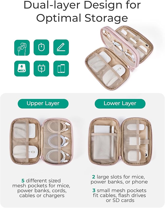BAGSMART Cord Organizer Travel Cable Bag, Compact Tech Electronic Organizer Travel Case, Essentials for Charger, Cable, Phone, Flash drive, Double Layers (Pink)