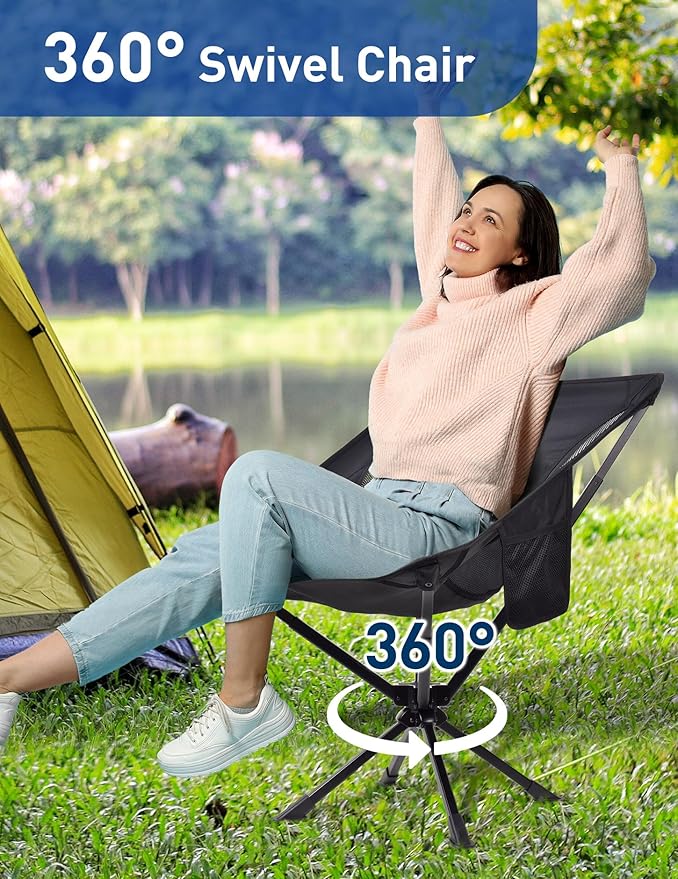 Docusvect Swivel Portable Camping Chair for Adults, Fast Setup, Lightweight & Small Folding Chair with Cup Holder, Side Pocket and Carry Bag - Support 330 LBS