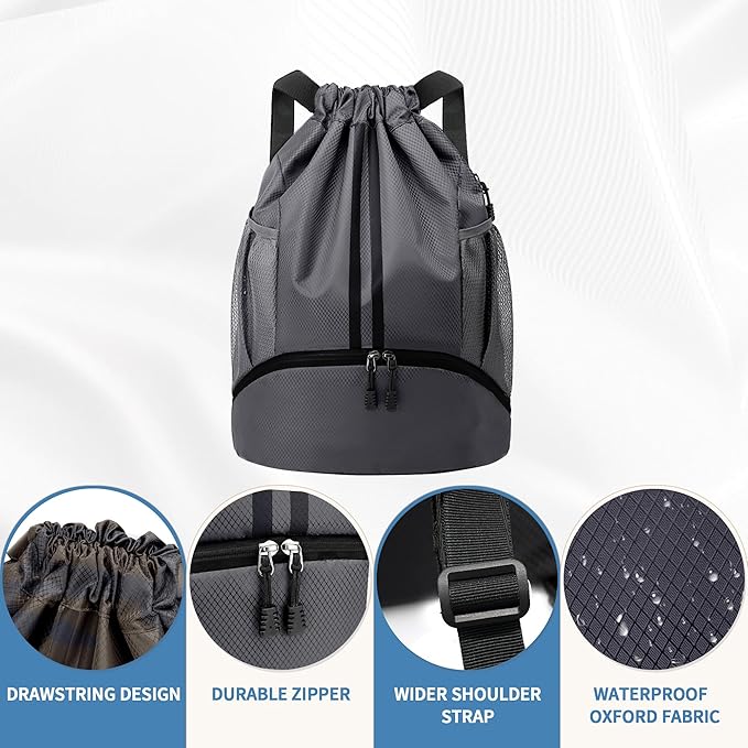 JELUTAR Drawstring Backpack Gym Bag with Shoes Compartment for Soccer, Basketball, Swim, Water-Resistant String Backpack Beach Cinch for Women Men, Dark Grey