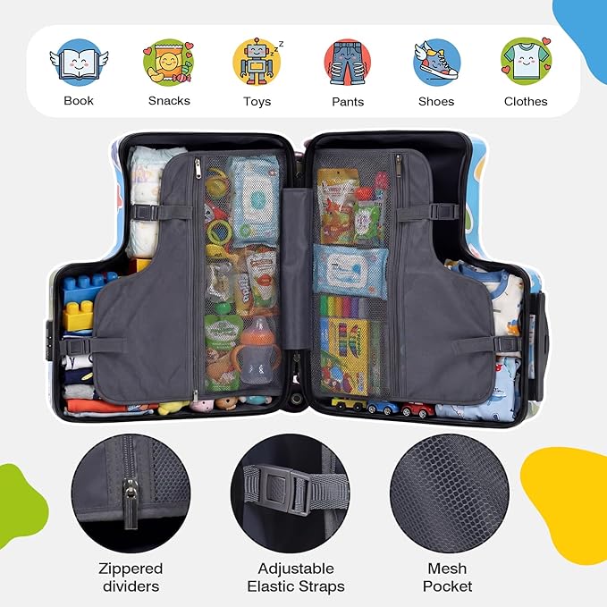 smilesun 20" Ride-On Suitcase for Kids, Cute Pattern, Lightweight Hardshell Carry-On Luggage with Double Spinner Wheels, TSA Lock for Boys & Girls（Blue）