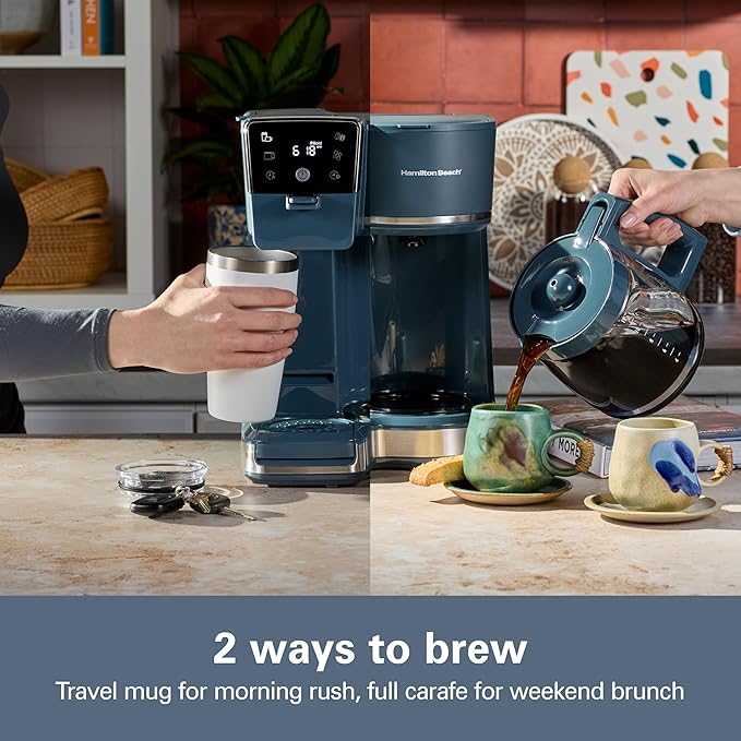Hamilton Beach 2-Way 12 Cup Programmable Drip Hot and Iced Coffee Maker & Single Serve Coffee Machine, AquaFlow Showerhead, Glass Carafe, Auto Pause and Pour, Kitchen Makeover Blue (47502J)