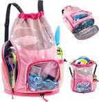 Mesh Drawstring Backpack with Shoe Compartment, Sandproof Beach Swim Bag with Wet Pocket, Pool Gym Shower Bag for Travel Summer Camp