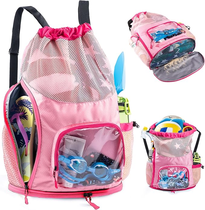 Mesh Drawstring Backpack with Shoe Compartment, Sandproof Beach Swim Bag with Wet Pocket, Pool Gym Shower Bag for Travel Summer Camp
