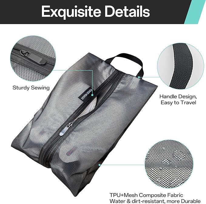 Travel Shoe Bags, Water Resistant TPU Mesh with Zipper, Travel Essentials for Men & Women (Black, 2 Set)