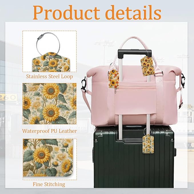 Sunflower Luggage Tags for Suitcase 3 Pack, Privacy Cover ID Label with Stainless Steel Loop and Address Card for Travel Bag Suitcase