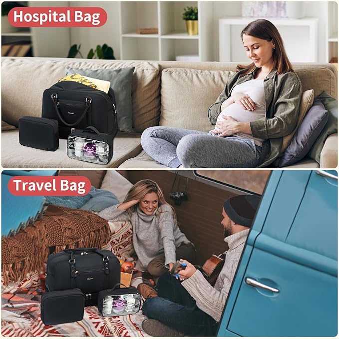 Wogarl 4PCS Weekender Bags for Women Large Overnight Weekend Travel Duffel Carry on Shoulder with Shoe Compartment Canvas Toiletry Bag for Travel Business Gym