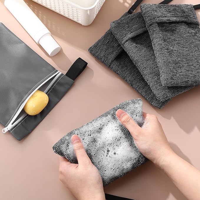Reallnaive 4 Sets Travel Soap Bar Bag Quick Dry Waterproof & Leakproof Soap Dish Case with Foaming Nets Multifunctional Toiletry Shower Gym Essentials Pouch for Camping Enthusiasts(Gray)