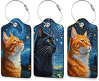 Abstract Night Sky Cat Luggage Tags for Suitcase 3 Pack, Leather Bag Tags Identifiers with Privacy Name Address Labels and Durable Steel Loop for Men Women Backpack