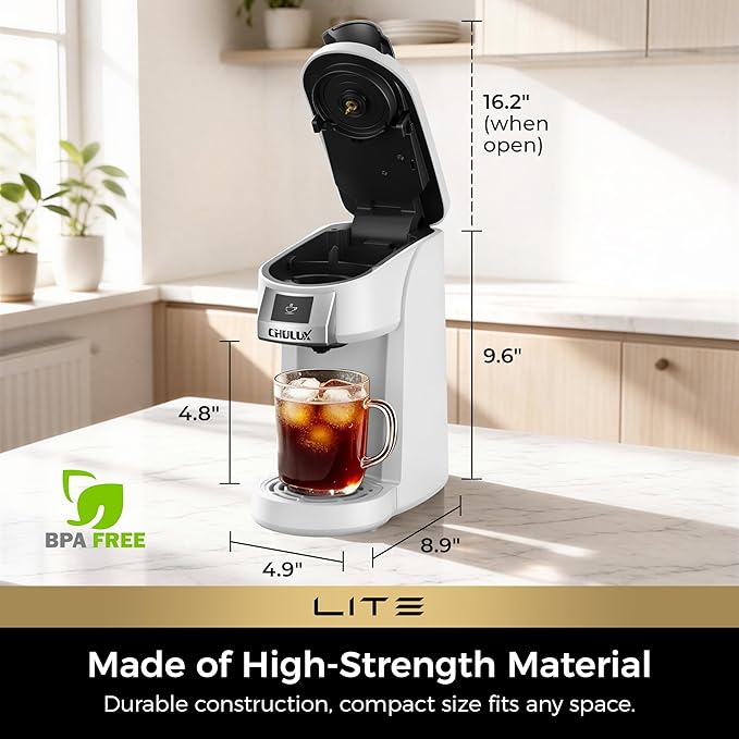 CHULUX Lite Single Serve Coffee Maker for K Cup Capsules, Single Cup Reservoir Coffee Maker with One Touch Brewing, 5 to 12 Oz Brew Sizes, Designed Specifically for Standard Mugs, White