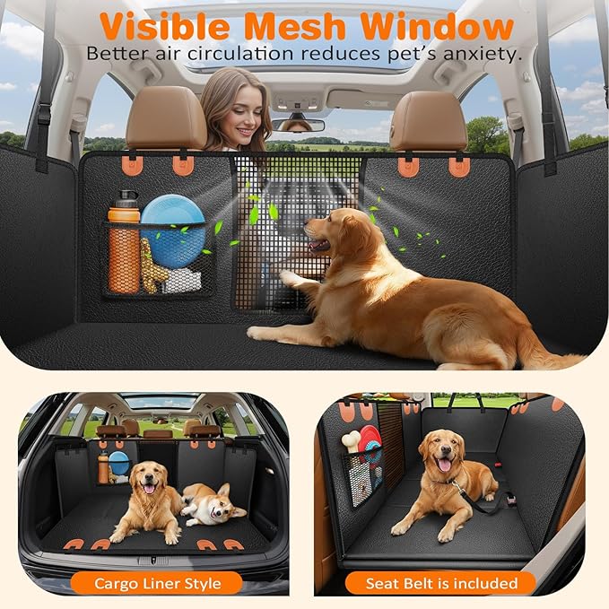 URPOWER PU Leather Backseat Extender for Dogs, Hard Bottom Dog Car Seat Cover for Back Seat, Holds 400 LBS, Waterproof Dog Car Hammock Anti-Scratch Pet Rear Seat Protector Travel Bed for Car and SUV