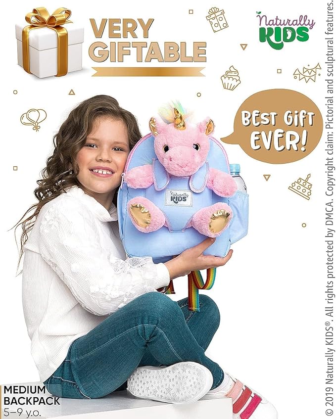 Naturally KIDS 【Upgraded】 Medium Backpack w Removable Pink Unicorn Toy for Girls Age 4-7 | Side & Inner Pockets, Reflective Logo, Name Tag | Unicorn Gifts for 5 Year Old Girls – Medium size
