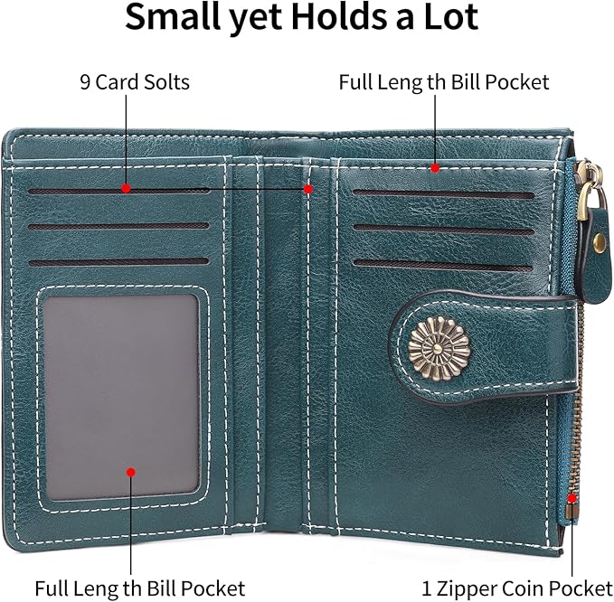 Small Wallet for Women Bifold Credit Card Holder RFID Blocking with Zipper Pocket