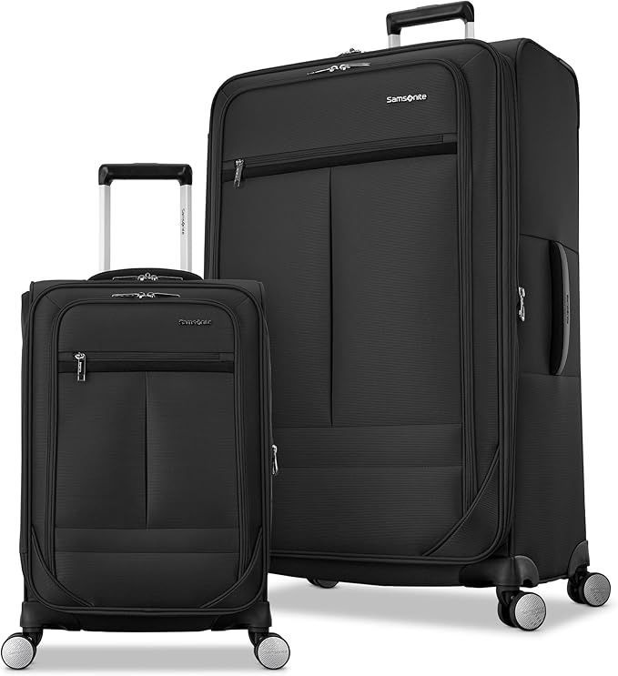 Samsonite 2-PC Soft-Sided 21/29” (Carry-On & Large Checked), Lightweight Expandable Element Luggage Set with 2 Front & 1 Side Pocket, Four Spinner Wheels, Adjustable Handle, Durable- Black